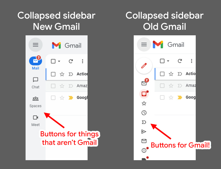 Nawet jeśli naciśniesz przycisk hamburgera, nowy Gmail nadal będzie wyświetlał pasek aplikacji.  Stary układ, nawet po zwinięciu, nadal będzie wyświetlał ikonę dla każdej sekcji Gmaila.
