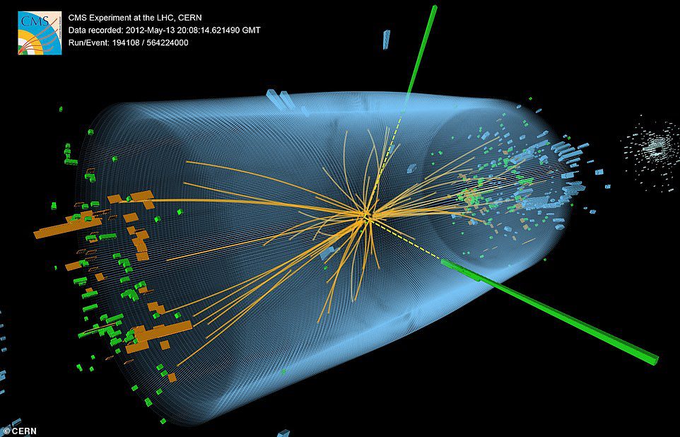 Odkrycie bozonu Higgsa w lipcu 2012 roku stanowi podstawę istnienia wszystkich cząstek elementarnych w naszym wszechświecie.  Powyższy obraz jest wizualizacją zdarzenia zarejestrowanego w detektorze CMS w Wielkim Zderzaczu Hadronów w CERN.  Pokazuje właściwości oczekiwane po rozpadzie bozonu Higgsa SM na parę fotonów