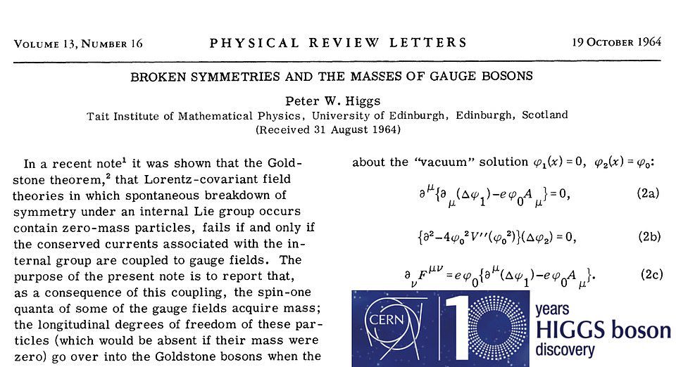 Fizyk Peter Higgs po raz pierwszy postawił hipotezę o istnieniu pola Higgsa i bozonu Higgsa w 1964 roku. Powyższy obrazek jest artykułem naukowym, w którym wykazał ten stan