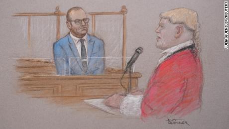 Diagram sądowy przedstawia Kevina Spaceya, który bierze udział w rozprawie w Londynie 14 lipca.