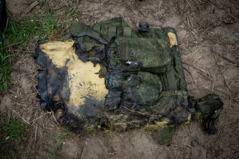 Spalona rosyjska kurtka w Boca Kijów na Ukrainie