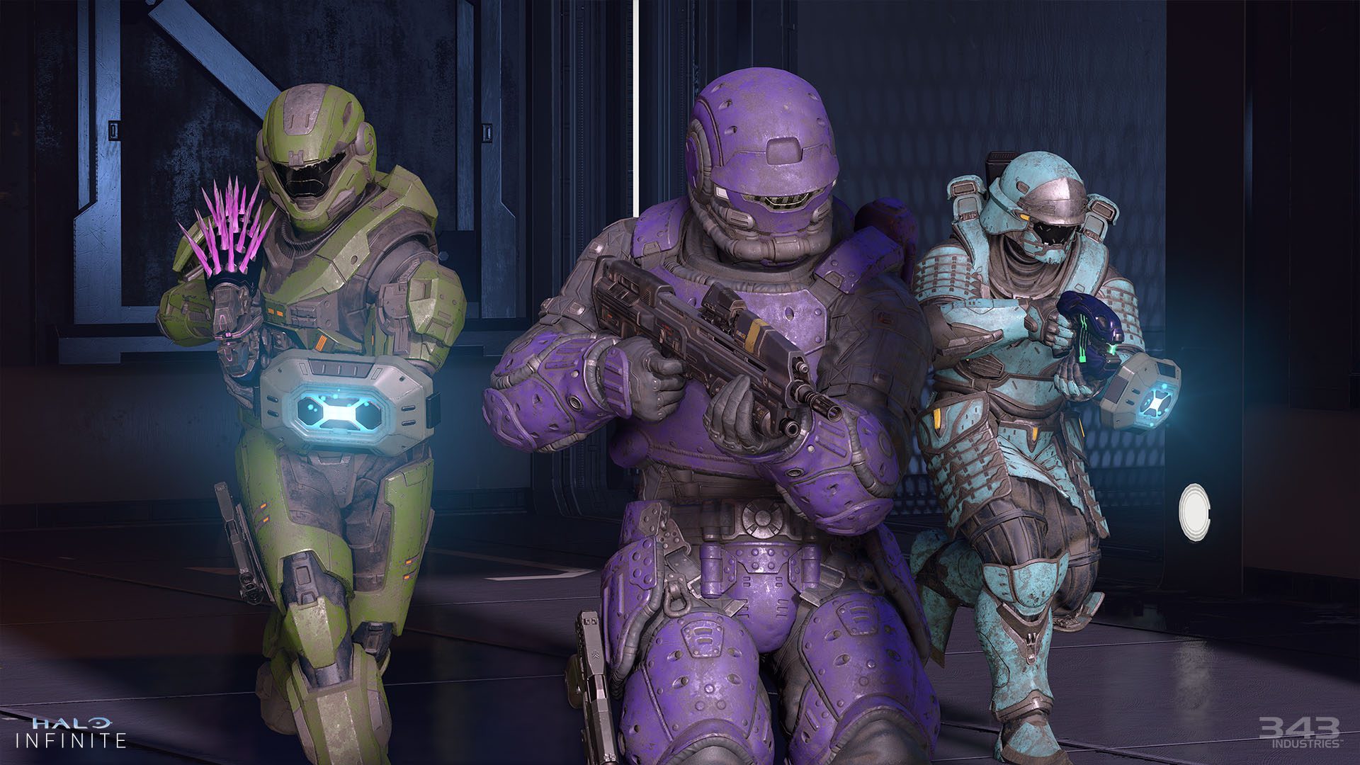 Zrzut ekranu z Halo Infinite pokazuje spartański wielordzeniowy pancerz z powłokami kadetów