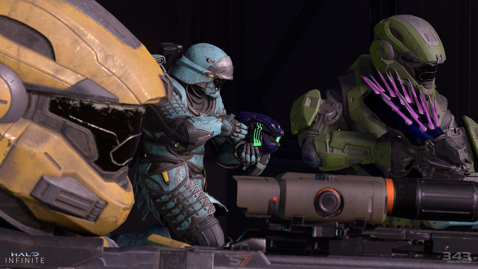 Zrzut ekranu Halo Infinite Action przedstawiający kilka rdzeni pancerza Spartan ze skórkami kadetów